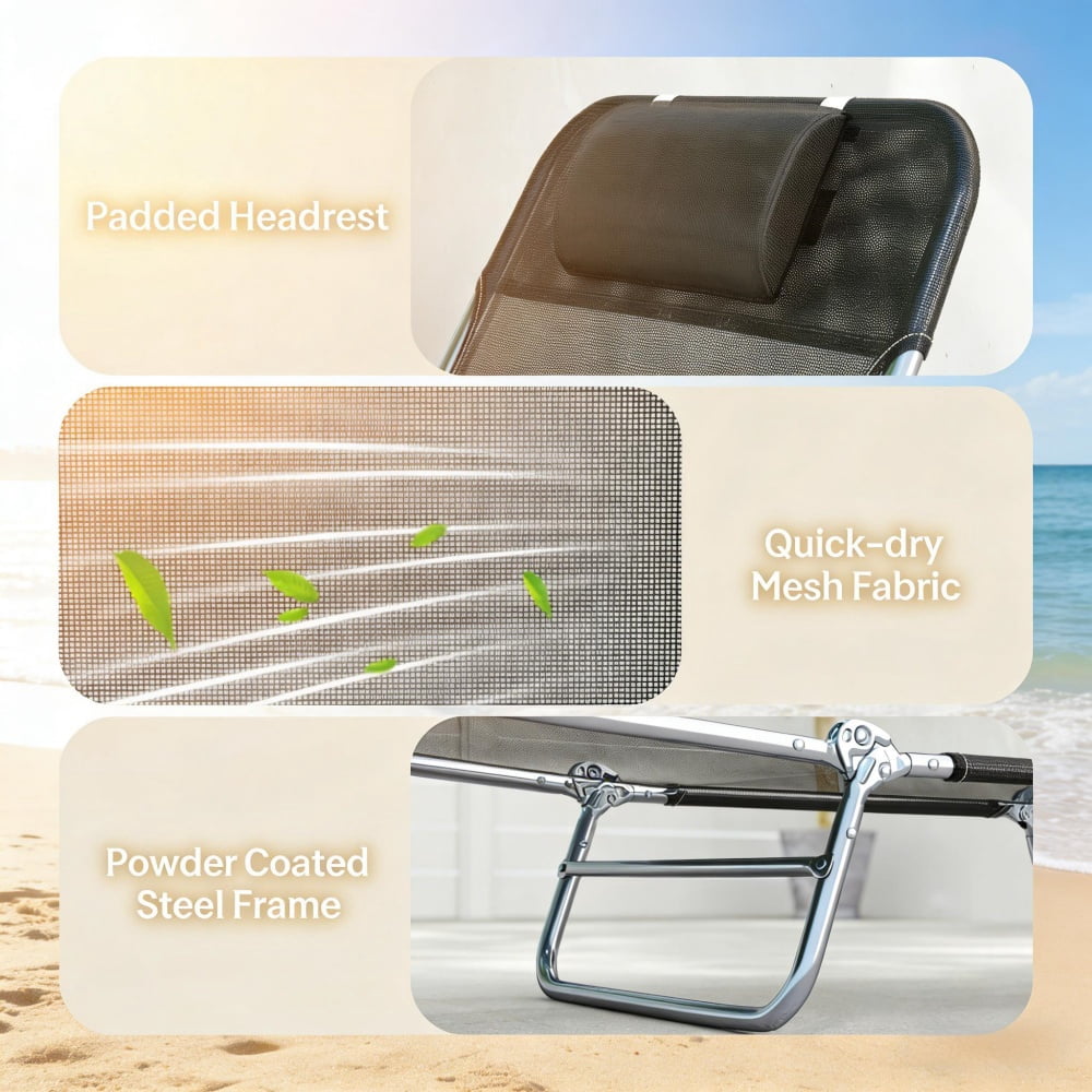 2-Pack Outdoor Tanning Sun Lounger 5-Position Adjustable Backrest Breathable Mesh Folding Pool Lounge Chair with Head Pillow for Patio Beach Poolside