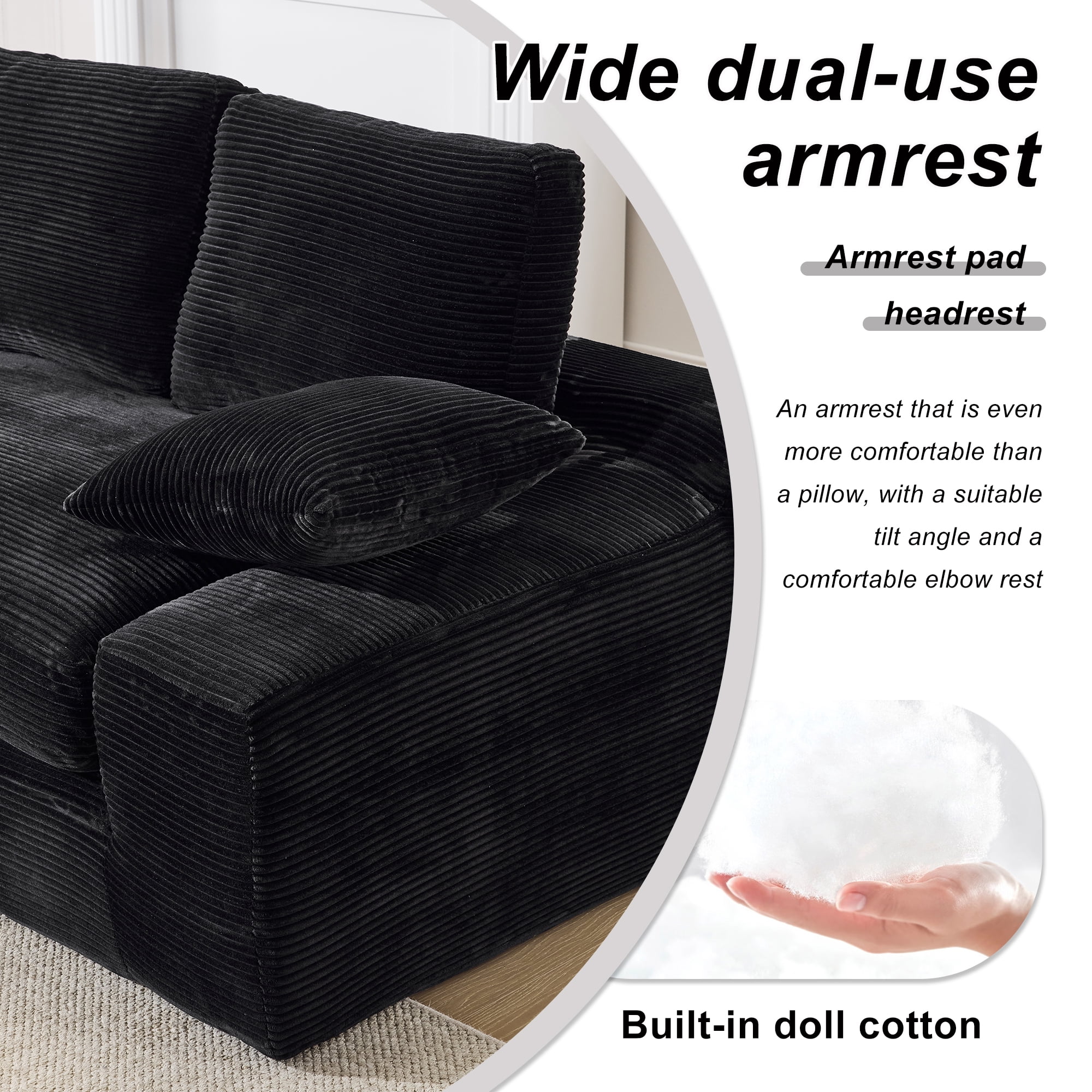 Convertible Sofa, Corduroy Compressed Sofa Bed, 3-Seat Sleeper Couch with 3 Back Cushions and 2 Throw Pillows, Soft Skin-Friendly Fabric, Wide Seat for Living Room Apartment, Black