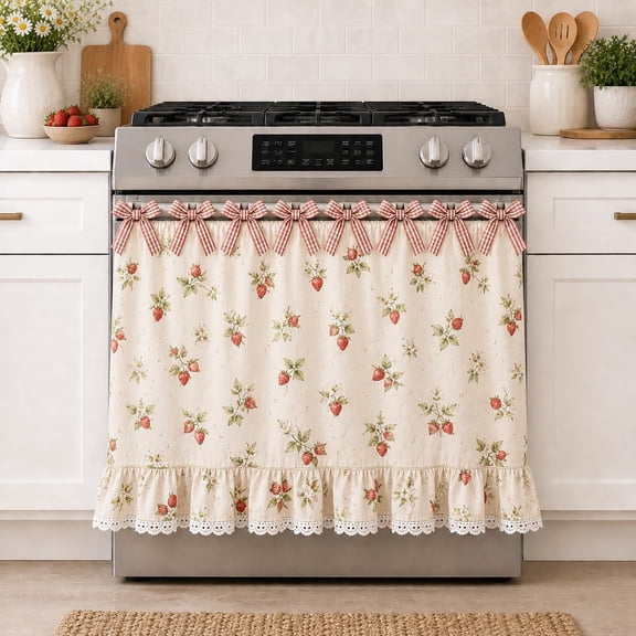 Farmhouse Stove Skirt Oven Curtain for Kitchen Decor – Cotton Blend Stove Curtain with Lace Ruffle Trim and Ribbon Ties – Oven Curtain Cover for Cottage Kitchen (A)