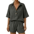 thumbnail image 2 of Cagogo Women's 2 Piece Shorts Set Casual Summer Cruise Outfits Drawstring Waist Shorts Loose Short Sleeve Collared Shirt Solid Boho Streetwear Matching Lounge Sets Travel Airport Clothes, Dark Gray S, 2 of 6