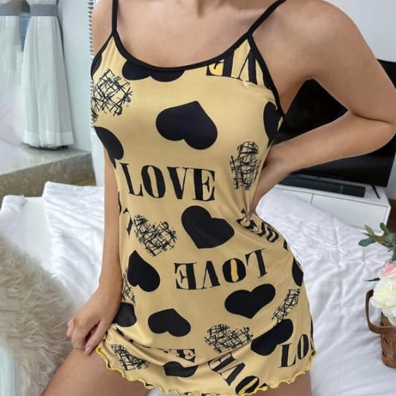 Womens Nightgown Soft Heart Printed Pajama Set Slim Sling Pajama Dress Sling Dress Home Clothes Sleepwear