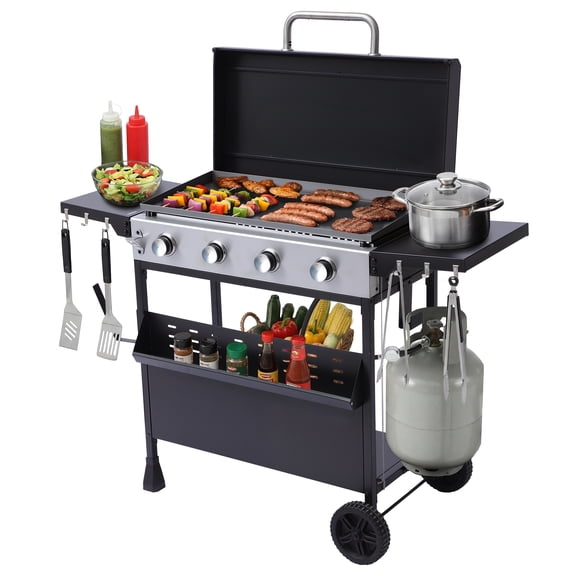 Haverchair 4-Burner Propane Gas Griddle with Removable Standing Cart and Enameled Cast Iron Pan, Portable Barbecue Grill W/Side Tables and Spice Rack, Outdoor Gas BBQ for Patio and Party, 32,000BTU