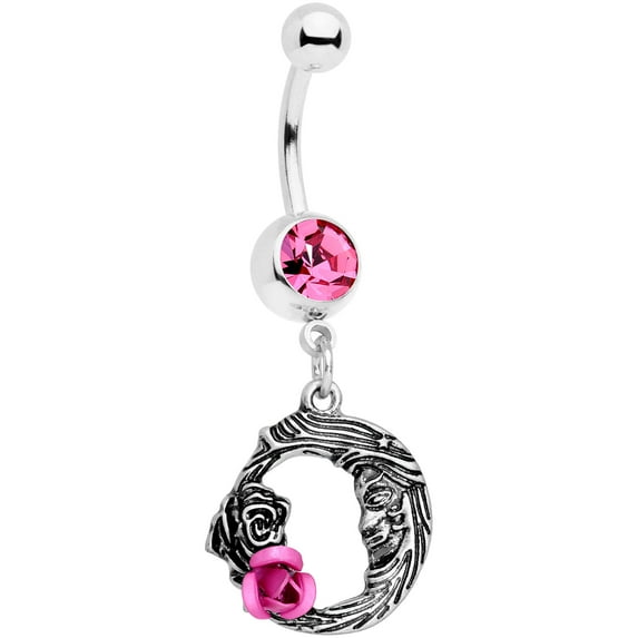 Body Candy Womens 14G 316L Steel Navel Ring Piercing Pink Accent Rose Flower Moon Belly Button Ring