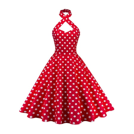 - Women Vintage 50s 60s Halter Print Rockabilly Evening Party Swing Retro Swing Dress