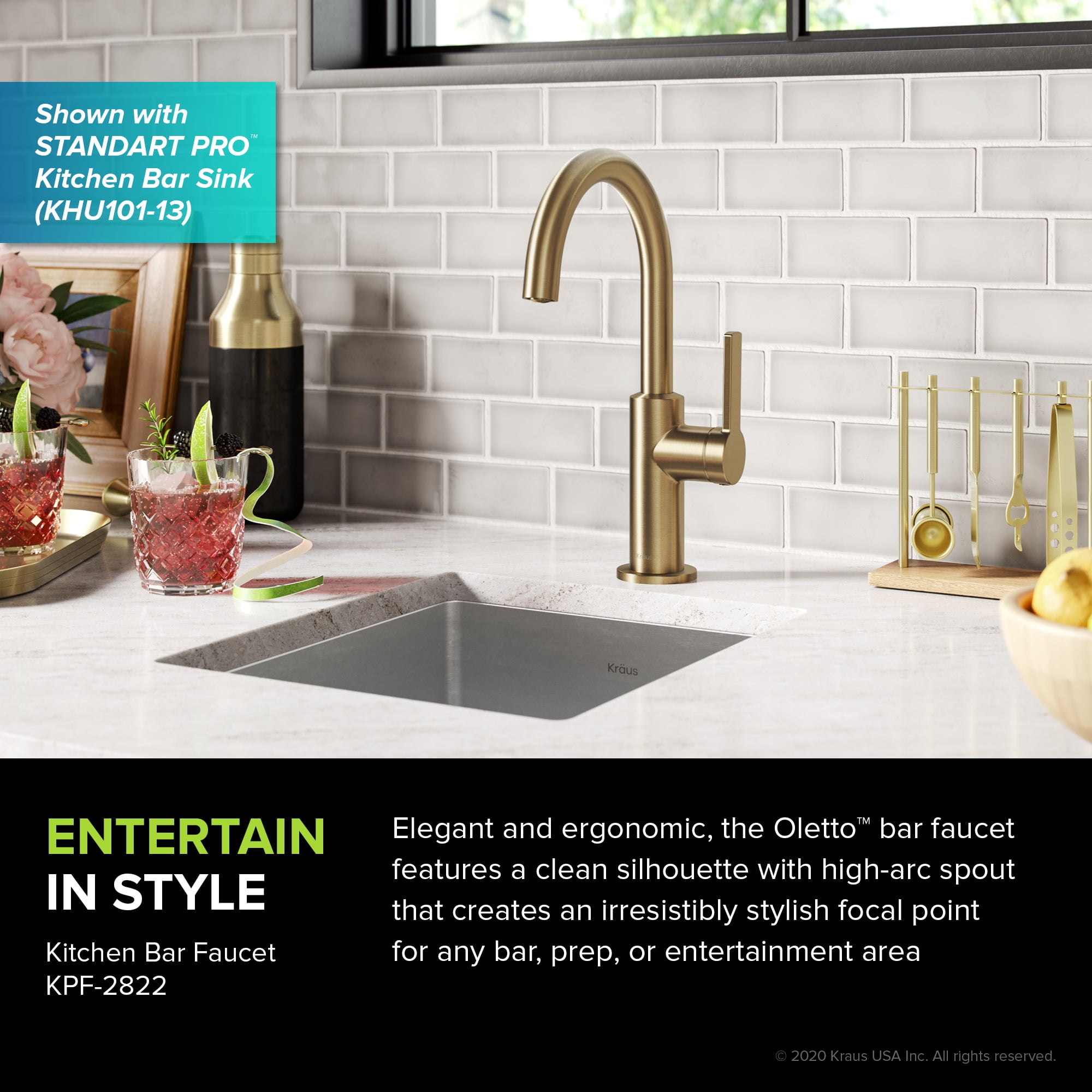 Kraus Oletto Single Handle Kitchen Bar Faucet in Brushed Brass