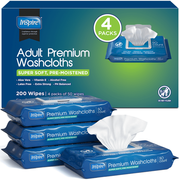 Inspire Adult Wet Wipes, Adult Wash Cloths Extra Large, Adult Wipes for Incontinence & Cleansing, 8"x12", 200 ct