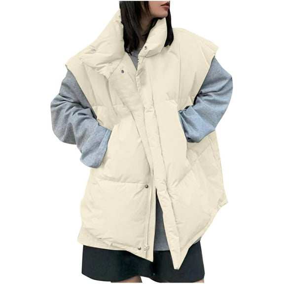 Oksale Oversized Vest for Women Cotton Quilited Vests Zip Up Sleeveless Jackets with Pockets Stand Up Collar Jacket Thicken Warm Winter Coats 2025 Beige S