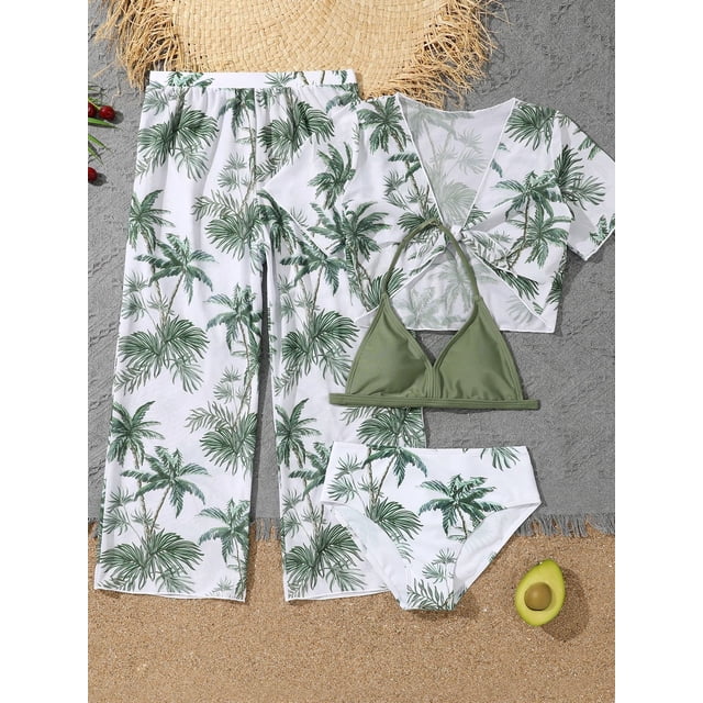 Conjunto de Bikini con estampado de palmeras para niñas, traje de baño con pantalones + Top corto de manga corta, traje de baño para niños de 7 a 12 años, paquete de 4