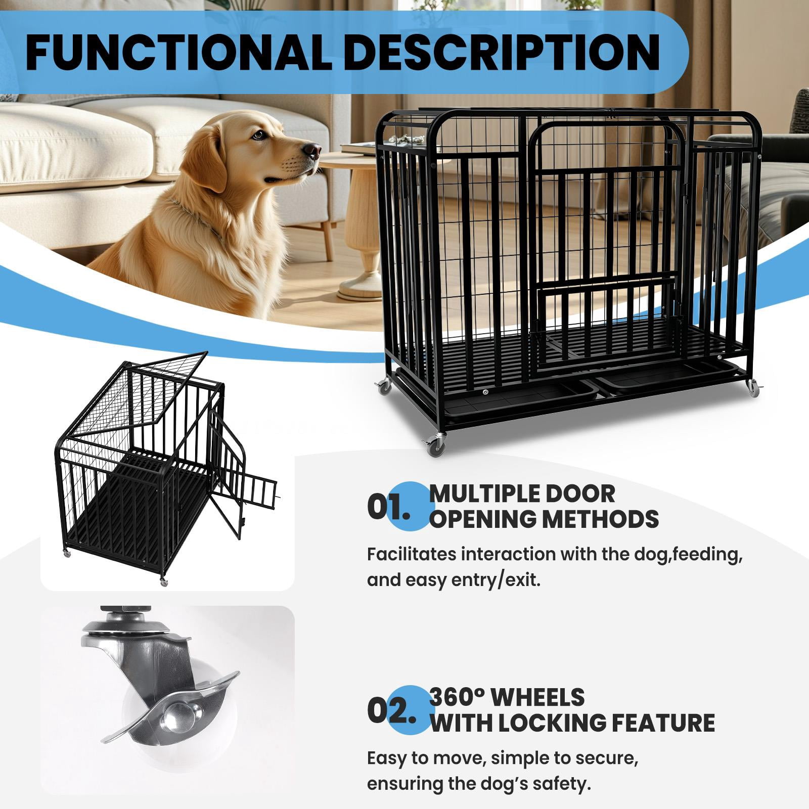 Muweixin 42 inch Black Metal Dog Crate with Top & Front Doors, Removable Trays & Lockable Wheels, Indoor Outdoor Kennel for Medium Large Dogs