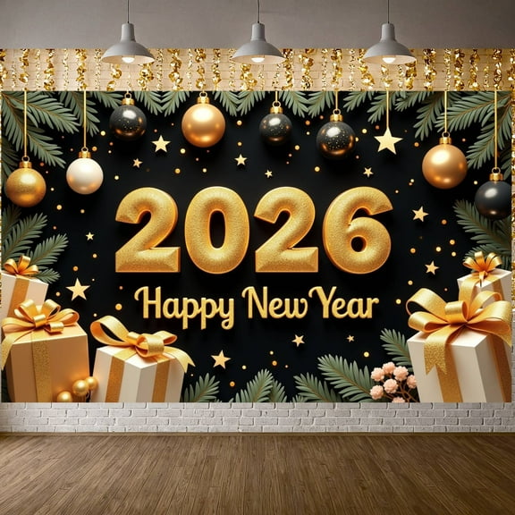 Gold Glitter Happy New Year Banner Black Background 2026 New Year Display Star Pattern Gift Box Design Festive Backdrop for New Year Party Holiday Celebration Indoor Decoration