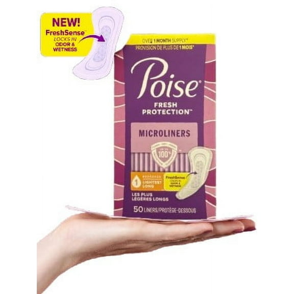 Poise Daily Microliners, Incontinence Panty Liners, 1 Drop, Lightest Absorbency, Long, 50Ct