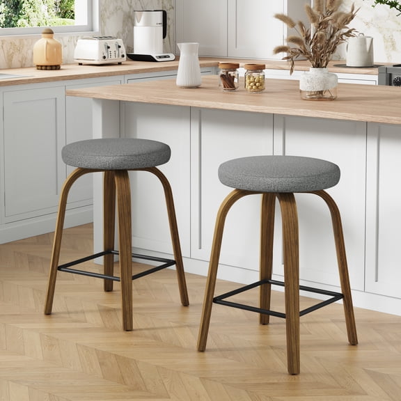 Swivel Bar Stools Set of 2, Counter Height Backless 26″ Bar Stool, Fabric Upholstered Seat, Sturdy Wood Legs and Metal Footrest, Mid-Century Modern Island Stools for Home Bars, Restaurants, Gray