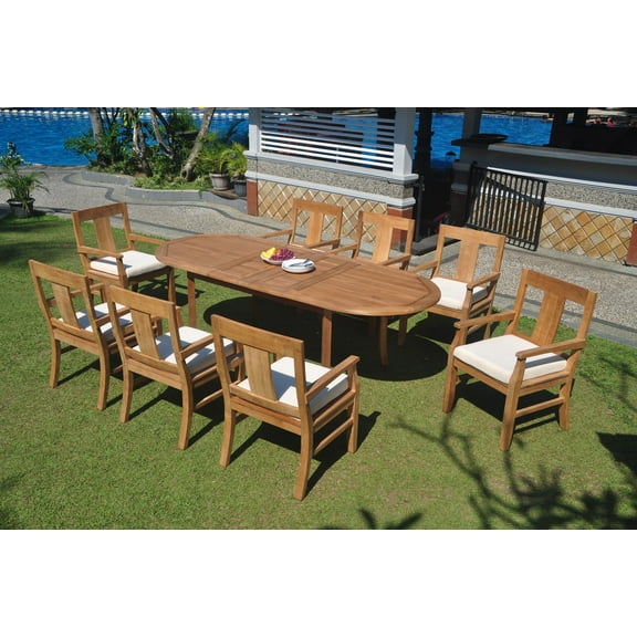 Grade-A Teak Dining Set: 8 Seater 9 Pc: 94" Double Extension Oval Table And 8 Osborne Arm Chairs Outdoor Patio WholesaleTeak #WMDSWVm