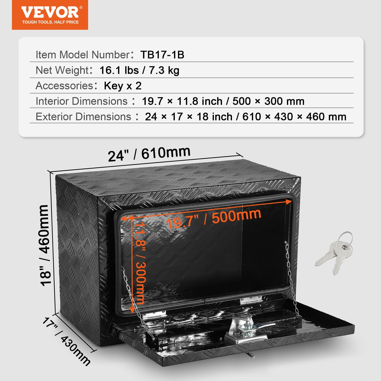 VEVOR Underbody Truck Box, 24" x 17" x 18" Pickup Storage Box, Heavy Duty Aluminum Diamond Plate Tool Box with Lock and Keys, Waterproof Trailer Storage Box with T-Handle Latch for Truck, Van,Trailer