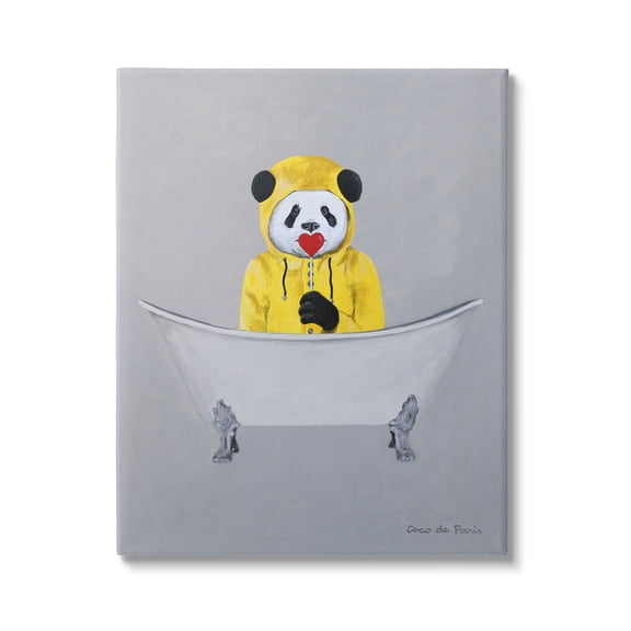 Stupell Industries Panda Yellow Raincoat Red Heart Claw Foot Tub, 36 x 48, Design by Coco de Paris