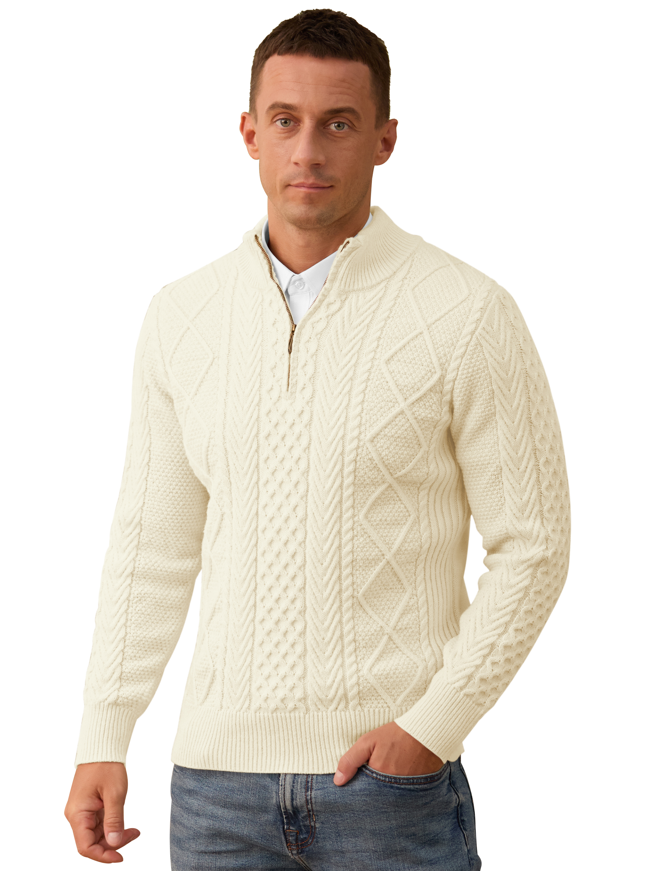 Iceglad Men's Quarter Zip Cable Knit Sweater Stand Collar photo 2