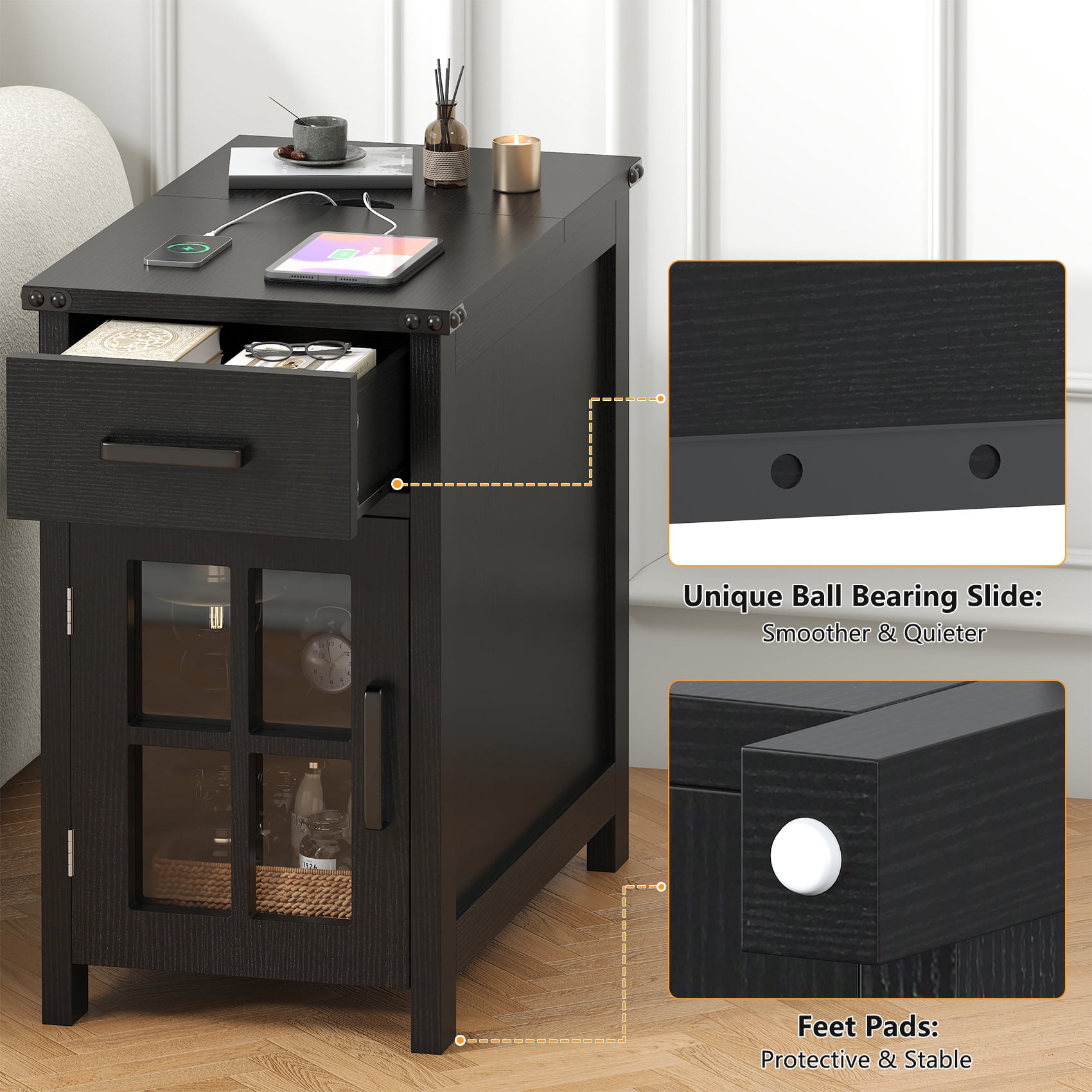 Winkalon Farmhouse End Table with Charging Station, Sofa Side Table with Drawer and Storage Cabinet, Small Nightstand for for Living Room, Bedroom
