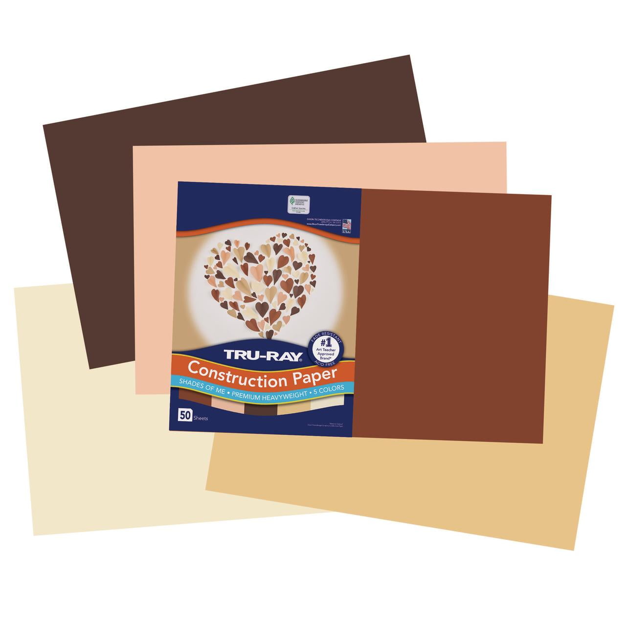 Tru-Ray Shades of Me Construction Paper, Heavyweight, 5 Assorted Skin Tone Colors, 12" x 18", 50 Sheets Per Pack, 2 Packs
