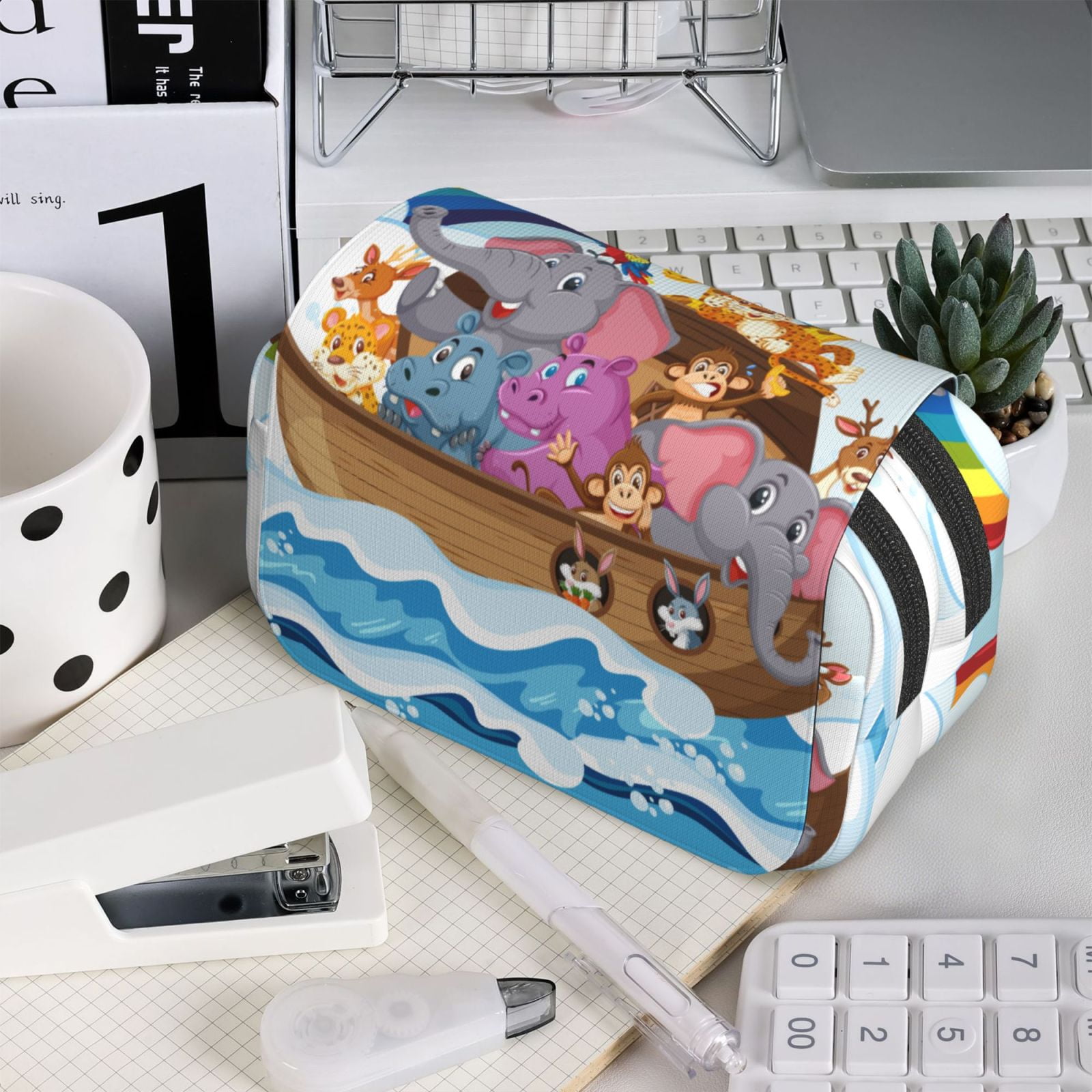 Rateoe Rainbow Animals on Noah's Ark Pattern Double Clamshell Pen Case, Storage Organizer with Two Zipper Compartments– Holds Up to 50 Pencils & Pens