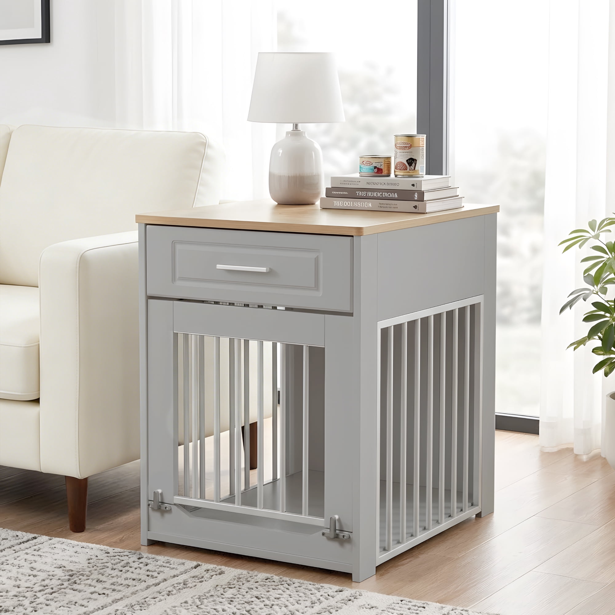 Whifea Farmhouse Wooden Dog Crate Furniture with Flip Up Door & Storage Drawer, 26''H×20''W×24''D, Indoor Pet Kennel for Medium Dogs, Gray