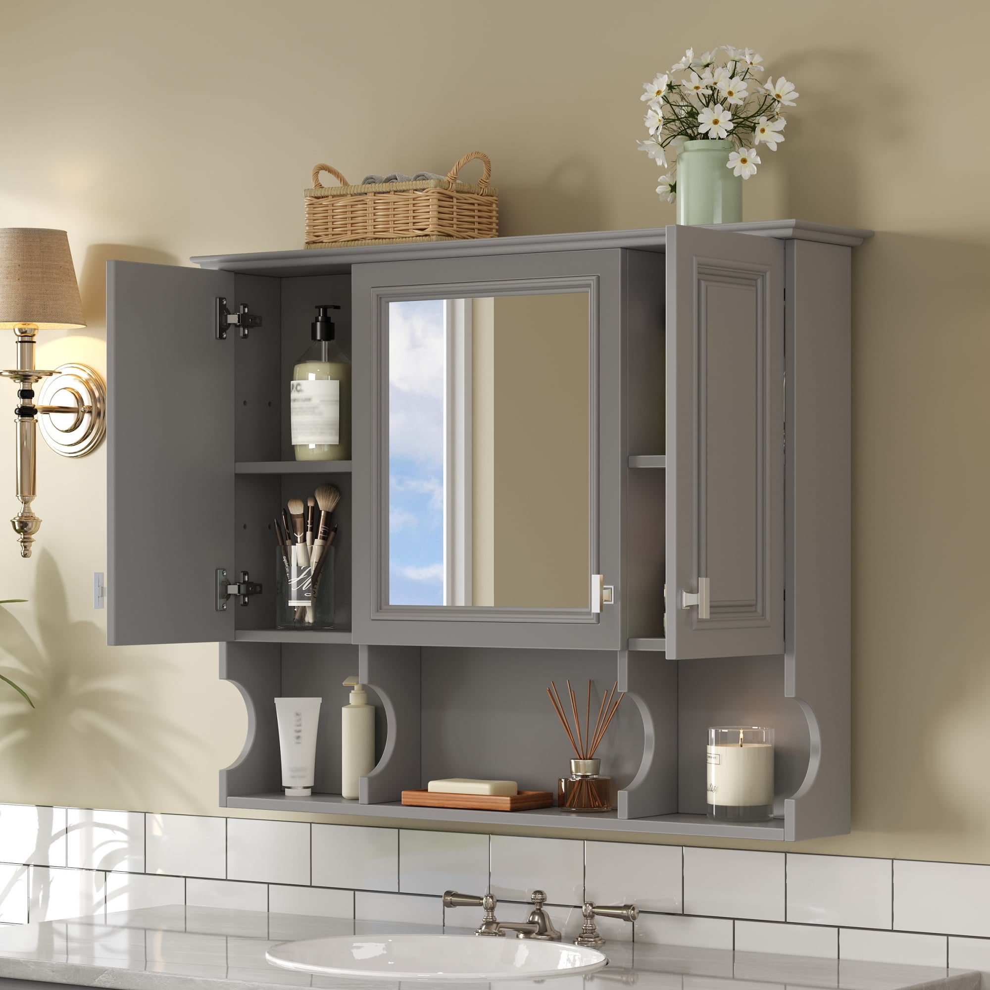 Euroco 35'' x 28'' Wall Mounted Bathroom Medicine Cabinet, Modern Bathroom Wall Cabinet with Mirror, Mirror Cabinet with Open Shelves