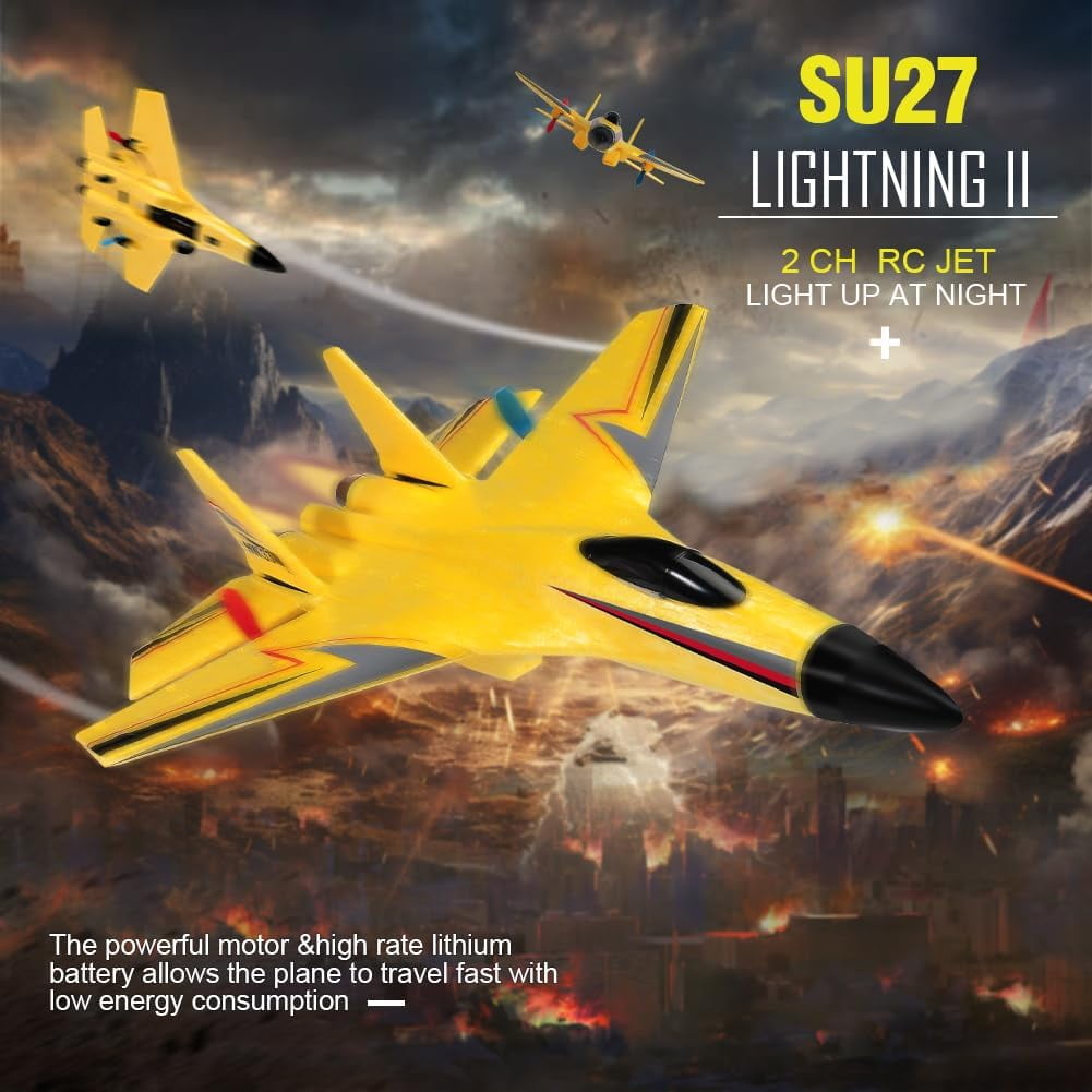 Oenbopo RC Planes,SU-27 RC Airplane,2.4GHz 2 Channel Remote Control Plane with Gyro Night Lights and 2 Batteries, Easy to Fly for Adults, Beginners and Kids,Yellow