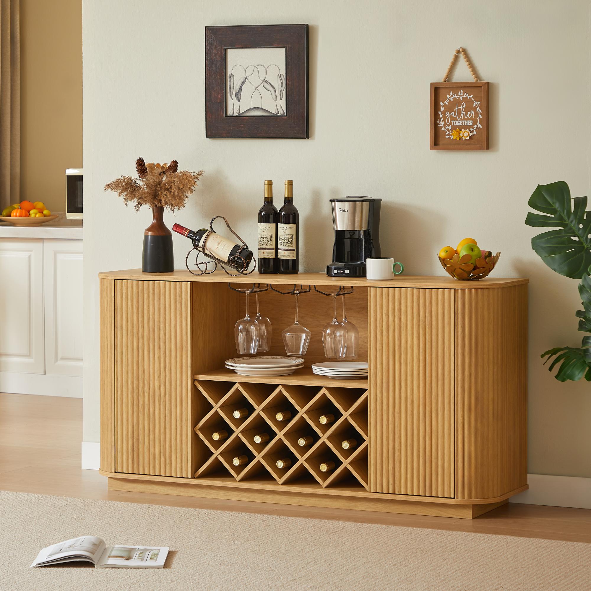 TrumanPick 58" Wine Bar Cabinet with Adjustable Shelves,Modern Liquor Whiskey Coffee Station, Farmhouse Buffet Sideboard with Storage for Living Room, Kitchen, Entryway, Natural