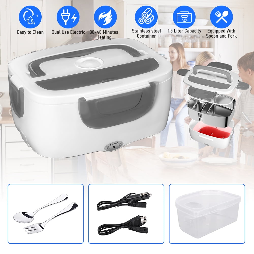 DFITO 40W Electric Heating Lunch Box, 2 In 1 Portable Food Heater for Home and Car, 1.5L Removable Stainless Steel Container, 110V/12V, with Fork Spoon, Grey