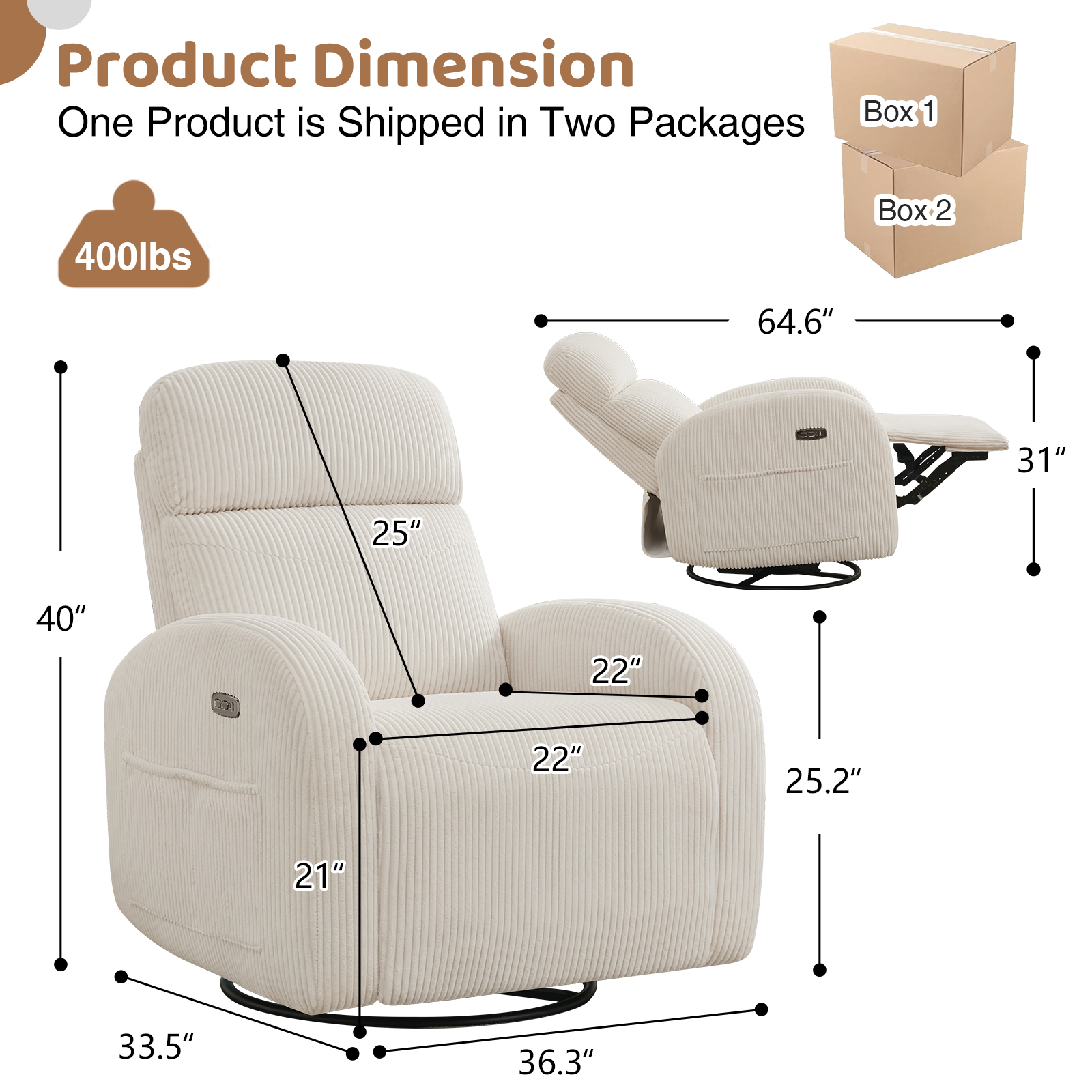 Aemeios Corduroy Swivel Rocker Glider Power Recliner Nursery Rocking Chair with USB and Type-C Ports, White