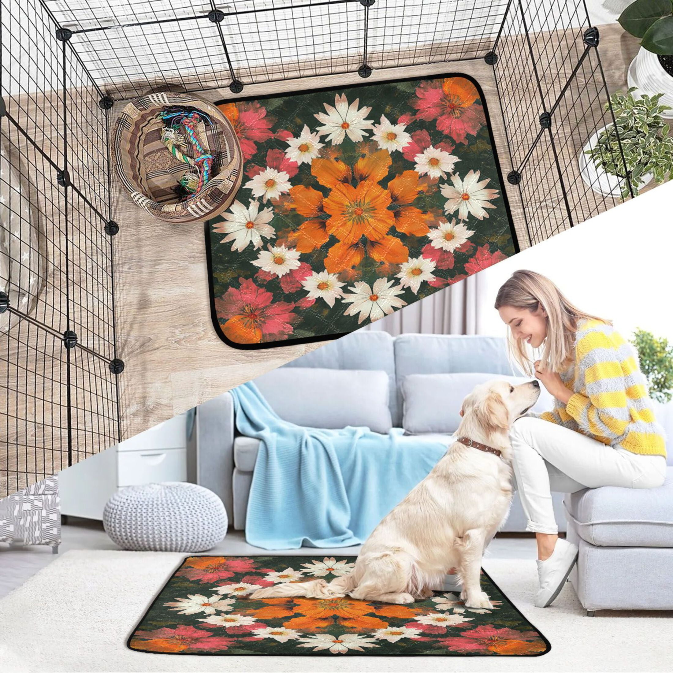 Qxltty Vintage Orange and White Flower Cat litter Pads Pet Set of 3 Diaper Mats Center Anti-leakage Layer Absorbent Soft and Comfortable