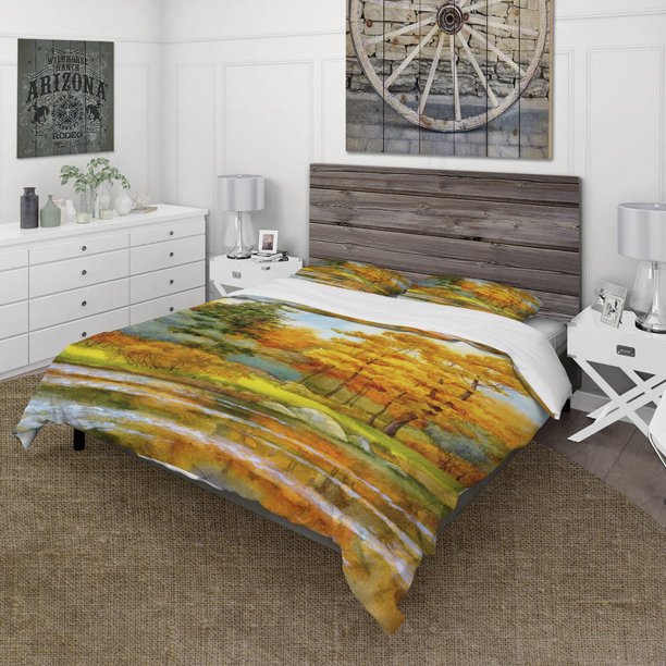 Designart 'Bosque Otoñal Junto al Lago I' Juego de Funda Nórdica Casa del Lago