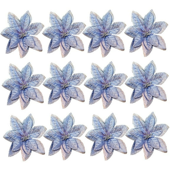 HCTSHG 12 PCS Christmas Blue Glitter Flowers Picks, 13cm Tree Ornaments for Winter Blue Teal Christmas Tree Wreaths Garland, Holiday Seasonal Wedding Decorations