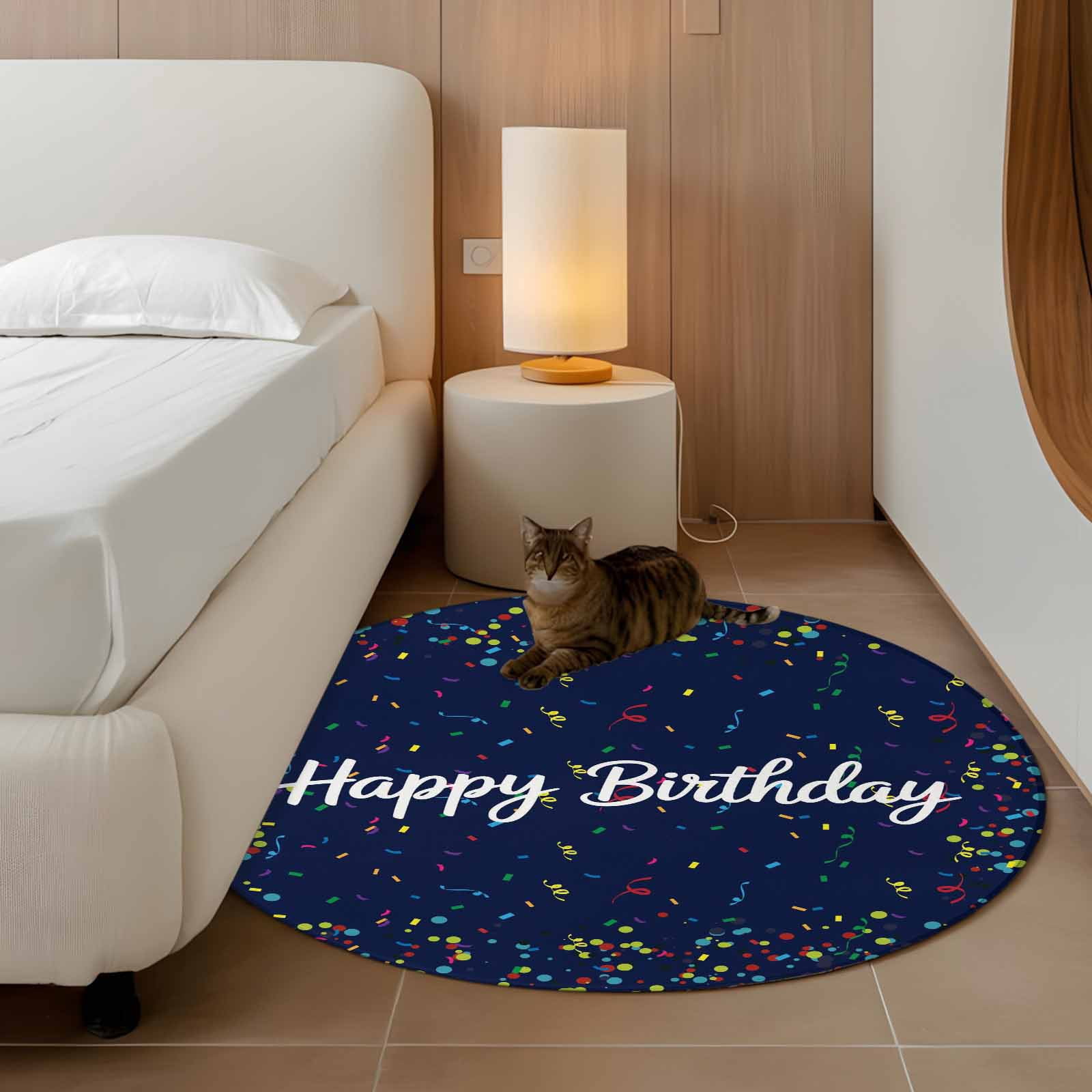 Happy Birthday Large Area Rugs for Bedroom Living Room, Soft Non Slip Carpet Bedside Rug, Navy Blue Modern Abstract Art Round Floor Cover Kitchen Accent Rug 4' for Dining Room/Office