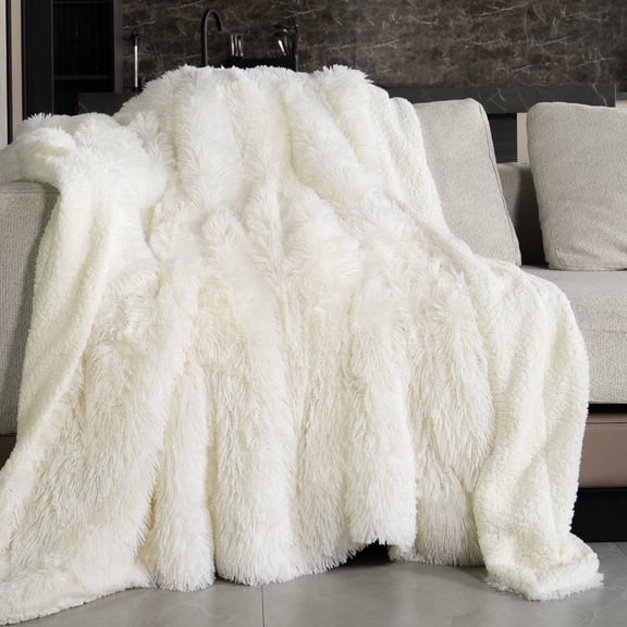 Anjee Faux Fur Soft Fuzzy Plush Sherpa Fluffy Fleece Long Hair Throw Blankets for Sofa Couch Bed 60x80 Inches,Cream White