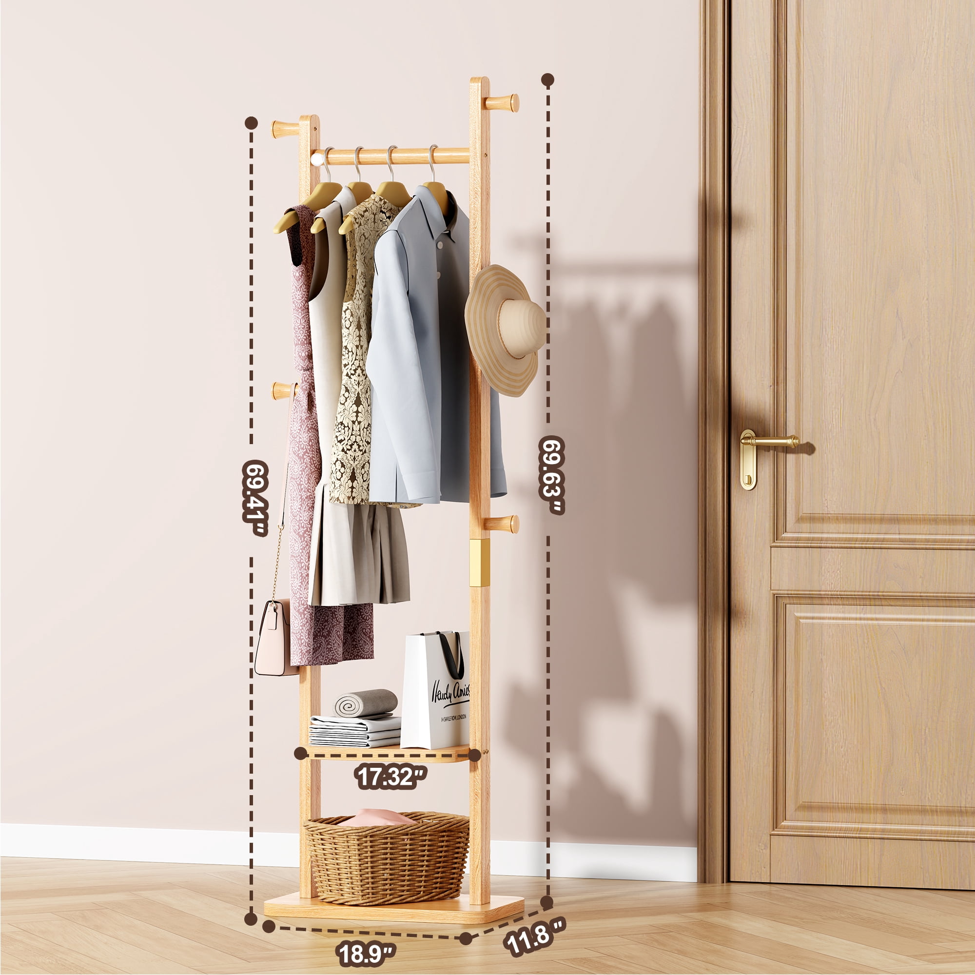 GARITIN Coat Rack and Hall Tree 18.9 Inch, Solid Wood Freestanding Coat Stand with Hooks for Entryway Living Room Bedroom, Natural