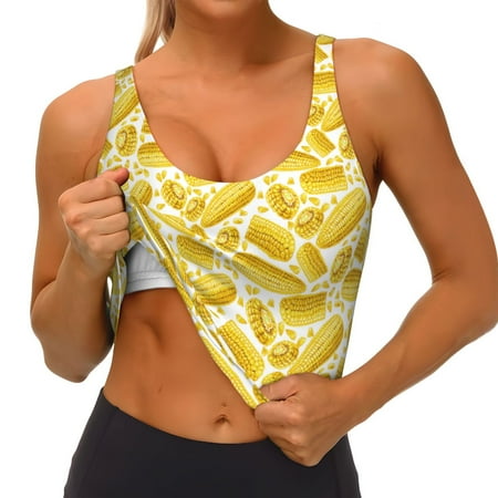 Qokaie Ears Of Corn Pattern Womens Scoop Neck Sports Bra Breathable Workout Vest Padded U Back Medium Impact Fitness Gym Yoga Bra Workout Crop Top