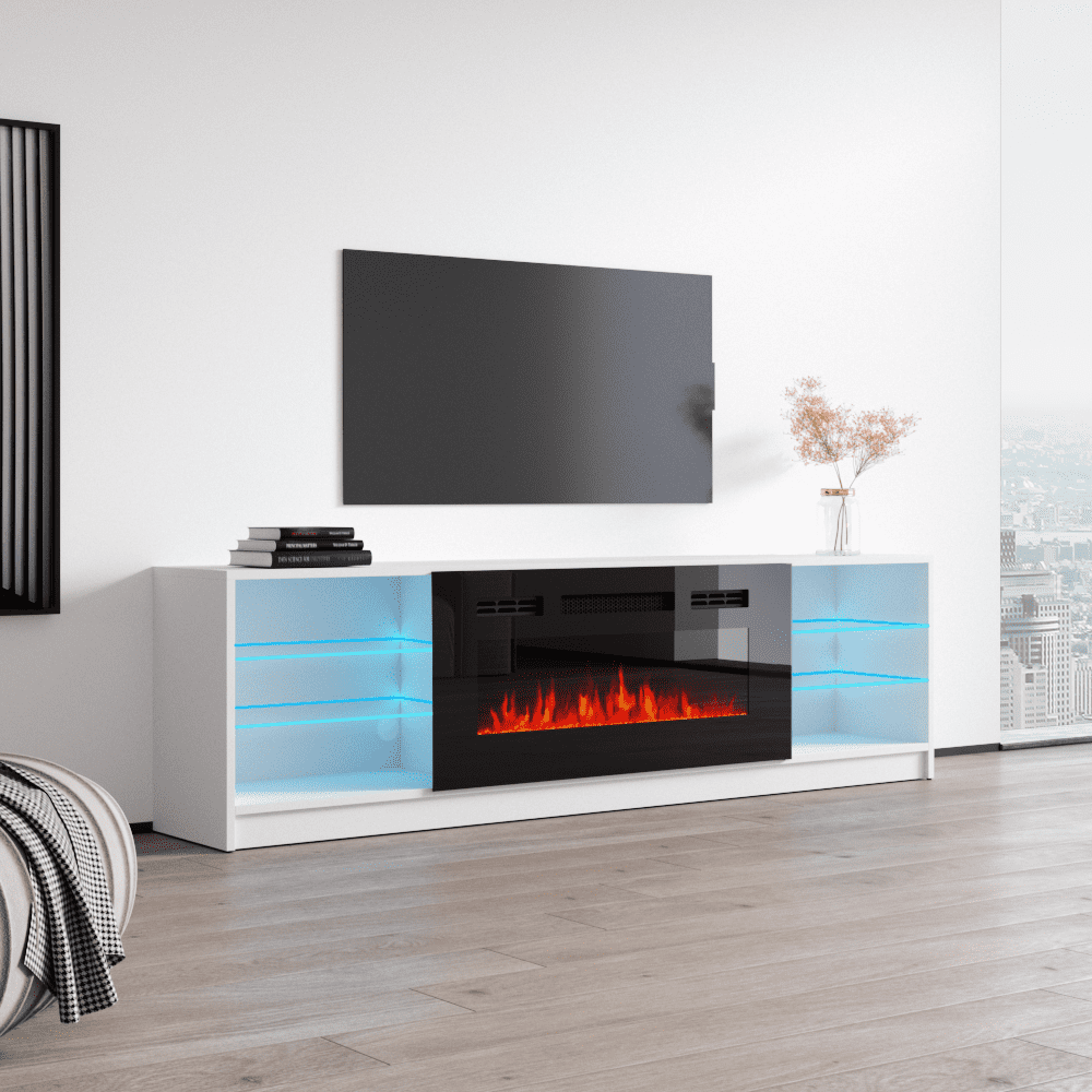 Boston 01 Fireplace TV Stand for TVs up to 90", Modern High Gloss 79" Entertainment Center, Electric Fireplace TV Media Console with Storage Cabinets and LED Lights