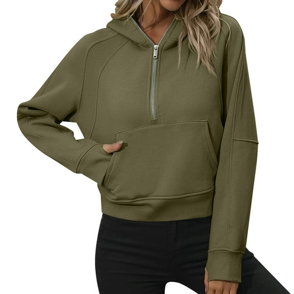 VISALY Half Zip Pullover Tunic Sweatshirt Half Zip Sweatshirts Cropped Hoodies Quarter Zip Up Pullover Sweaters Fall Outfits Winter Clothes Casual Sweaters Tunic Sweater Fall Sweatshirts Army Green L