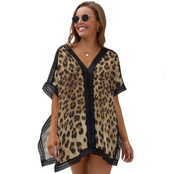 Leopard Print Brown Women's Swimsuit Coverup Summer Beach Cover Up Bathing Suit Dress