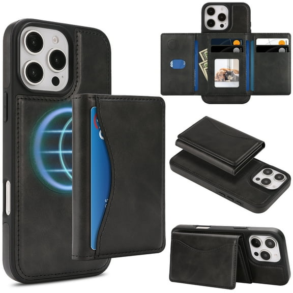 ELEHOLD Detachable Wallet Case for iPhone 16 Pro, RFID Blocking Magnetic Shockproof Leather Phone Case with Kickstand and Card Slots,Black