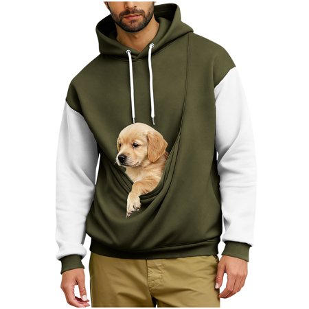 Lcziwo Mens Hoodies with Pet Pouch Fall Winter Warm Cute Kangaroo Pullover Casual Soft Patchwork Sweatshirt Trendy Clothes Army Green XL