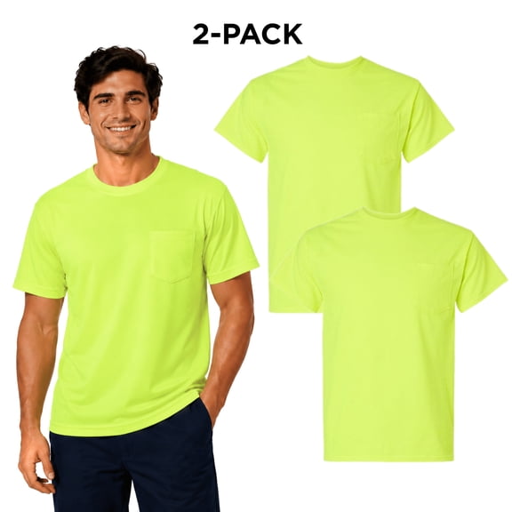 Gildan High Visibility Short Sleeve Pocket Safety Work T-Shirt For Men, (Safety-Green 2 Pack, L)