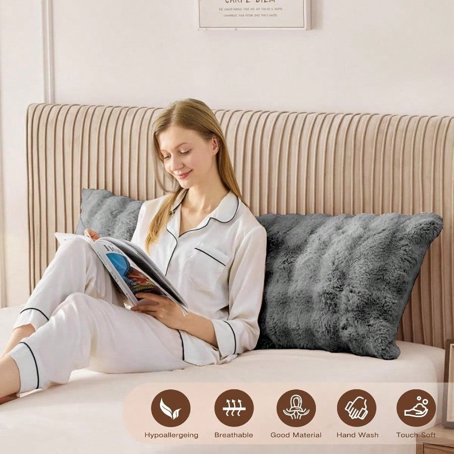 Faux Fur Fluffy Body Pillow for Adults - Firm Body Pillow Insert with Shredded Blue Memory Foam Adjustable Height Soft port for Side Sleepers Pregnant Women Washable 20x54 Inch Grey