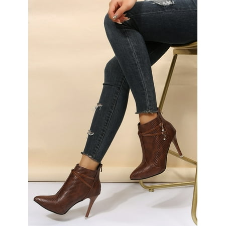 

Geometric Embossed Rhinestone Decor Zip Back Stiletto Heeled Classic Boots Women‘s Footwear