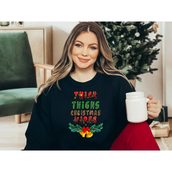 Women's Thick Thighs and Christmas Vibes Leopard Sweatshirt, Funny Christmas Shirts for Women