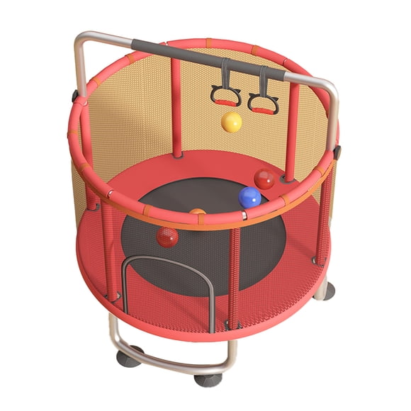 Kids Trampoline with Safety Enclosure, Basketball Hoop, Gymnastic Rings, Family Fun, Compact Design, Indoor Outdoor Toy, Boys and Girls