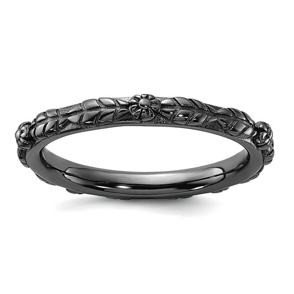 2.5mm 925 Sterling Silver Stackable Black Rhodium Textured Flowers Ring Size 8 Stackable Ring for Women