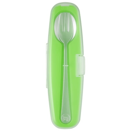 Innobaby Din Din Smart Stainless Steel Spoon and Fork with Carrying Case. Utensil Set for Kids and Toddlers. BPA free. Green.