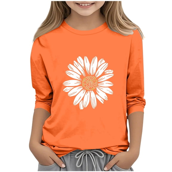CYRBOKO T-shirts for Girls, Crewneck 3/4 Sleeve Casual Floral Print Pullover Tops Orange Size 6 T