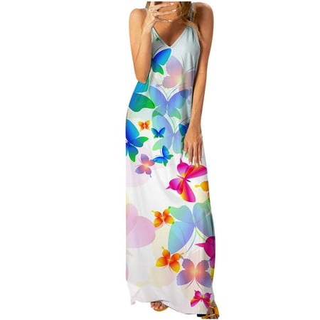 

Dresses for Women 2022 White Dress Women Women s Summer Fashion Sling V-neck Sleeveless Butterfly Printing Slim Beach Dress on Clearance Summer Dresses Womens Tops Dressy Casual Blue M